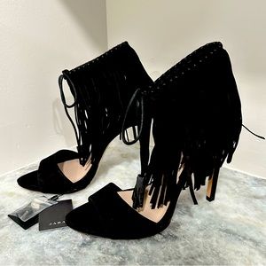 ZARA Fringed High Heeled Sandals Black Suede Size 9 NIB NWT